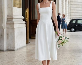 cream reception dress Cream halter midi dress, civil wedding dress for bride, courthouse elopement gown, simple reception outfit, rehearsal dinner, open back