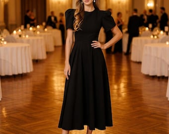 Black Formal Midi Dress: Cocktail Black Dress Evening, Elegant Wedding Guest Dress