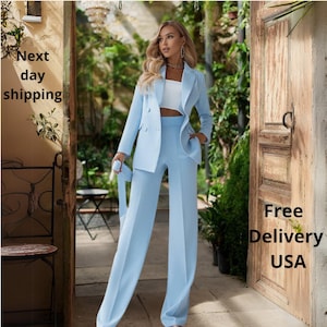 Sky Blue Oversized Women’s Suit in Diagonal Crepe – Ready to Ship Now in XS, M, L Sizes