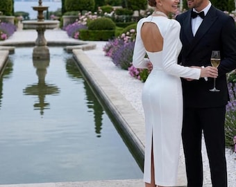 Milk White Formal Dress with Puff Shoulder  Long Sleeves and Open Back