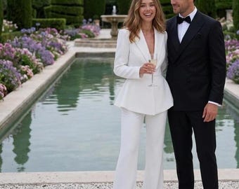 Modern Bridal White Suit, Lesbian Wedding Set, Fitted Jacket & Flared Trousers