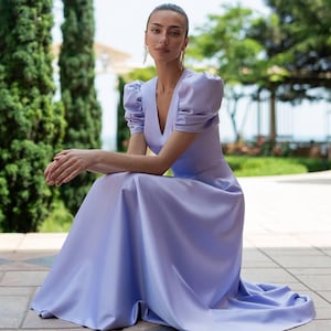 Romantic Lavender Midi Dress with Puff Sleeves and V Neckline in Premium Satin Perfect for Weddings and Garden Parties