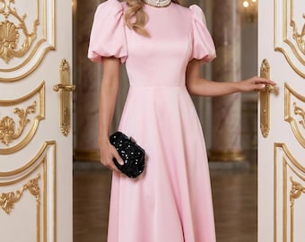 Peach Cocktail Midi Dress, Puffy Sleeves, Elegant Occasion