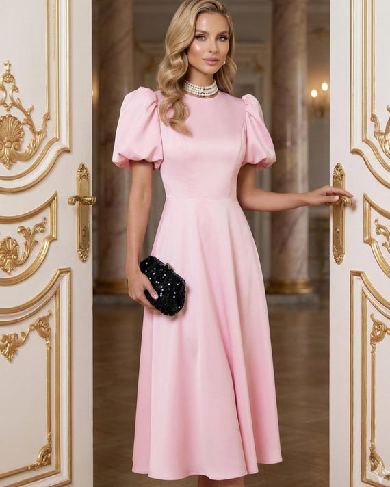 Peach Cocktail Midi Dress, Puffy Sleeves, Elegant Occasion - Etsy