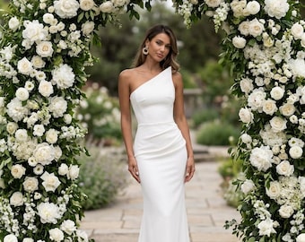 Weißes, schulterfreies Meerjungfrauen-Brautkleid, asymmetrisch, bodenlang, für standesamtliche Trauung und Hochzeitsfeier
