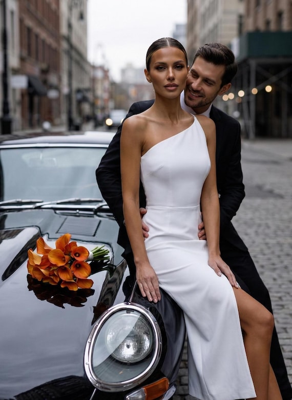 navy blue dress for baby girl White Cocktail Dress: Asymmetrical Crepe Midi Dress With Slit