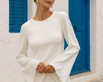 Satin Long Sleeves Gown, Asymmetric Slit, Flared Sleeves, Open Back, XS–L