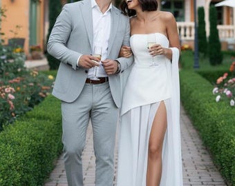 Weißes Rehearshal Dinner Korsett Dress Set: Chiffon Overlay Rock & Schal