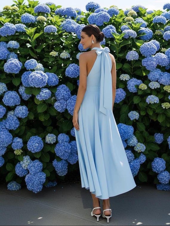 Sky Blue Halter Neck Cocktail Dress: Elegant Open Back Wedding Guest Outfit  - Etsy New Zealand