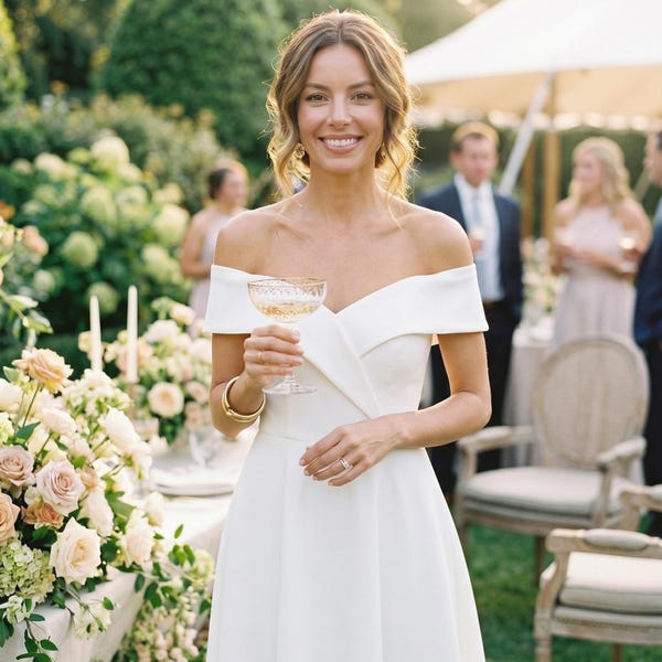 Klassieke witte a-lijn trouwjurk, rustige luxe avondkleding, outfit voor pre-bruiloft evenement, verfijnde vrijgezellenjurk