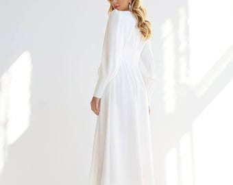 long sleeve white midi dress bridal Scoop Long Sleeves Pleated Satin A-Line Midi Wedding Dress Liymc