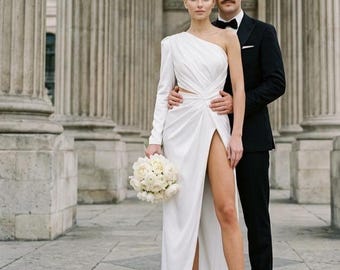 Asymmetrical One-Shoulder Maxi Wedding Dress: Mango Satin Floor Lenght Gown
