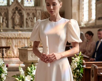 Classic White Tea Length Dress, Minimalist A-Line Bridal Gown, Baptism Dress for Women, Rehearsal Dinner Outfit