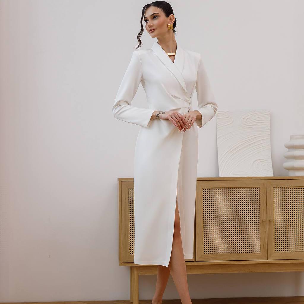 White Crepe Midi Dress: Long Sleeve Shawl Collar Courthouse Wedding Outfit