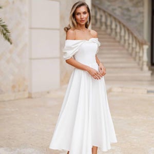 Off-Shoulder White Crepe Midi Dress: Elegant Wedding Guest Dress