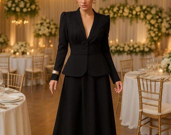 Formal Black Skirt Suit, Fitted Peplum Jacket, Fluid Midi Skirt