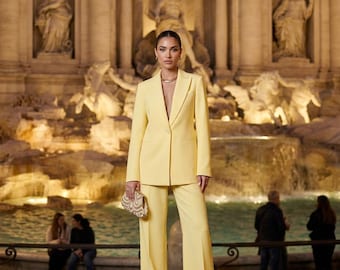 Yellow womens suit, two piece set for women with lined blazer and tailored trousers
