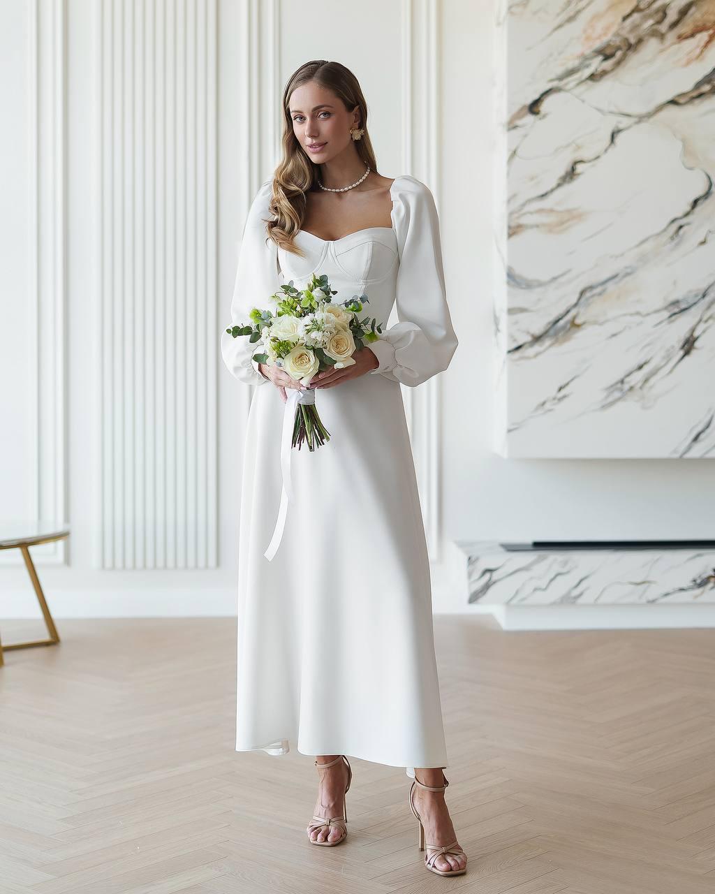 White Crepe Bridal Shower Dress: Long Sleeve Midi with Sculpted Cups White Crepe Bridal Shower Dress: Long Sleeve Midi with Sculpted Cups