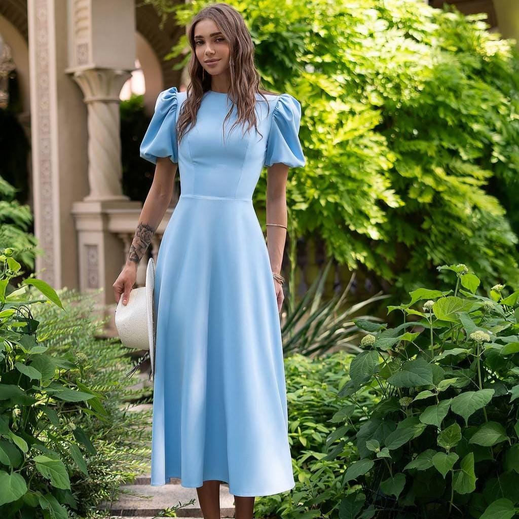 Puff Sleeve Blue Dress