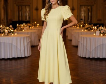 Elegant Yellow A-Line Midi Dress: Wedding Guest,  Pleated Puff Sleeves, Structured Skirt