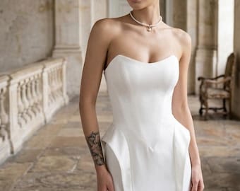 Satin-Korsett-Maxi-Hochzeitskleid, weißes trägerloses Meerjungfrauenkleid für standesamtliche Trauung und Brautveranstaltung