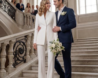 Courthouse wedding white pantsuit, bridal separetes with sophisticated stand-up collar design