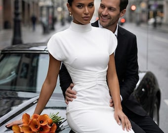 White Satin Wedding Gown: Sculpted Waist, High Neck - Formal Occasion