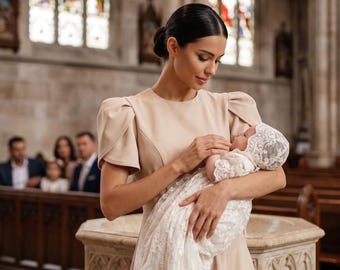 Beige Modest Midi Dress, Puff Sleeve A-Line Gown, Christening Outfit for Mother, Godmother Baptism Dress & Elegant Church Wear 2026