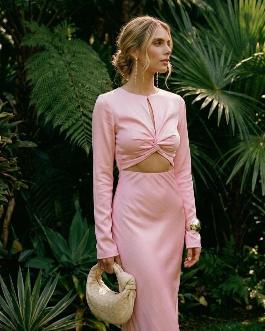 asos black formal dress Light Pink Sleek Satin V-Neck Dress For Prom With Beading And Lace-Up main image 0