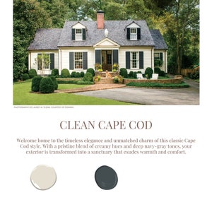 Puede incluir: Una casa de estilo Cape Cod blanca con contraventanas negras y un techo gris. La casa tiene un camino de ladrillos que conduce a la puerta principal. El exterior está pintado de blanco cremoso con acentos de gris oscuro.