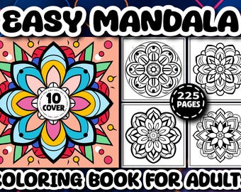 225 Easy Mandala Coloring Pages for Adults: Relaxation PDF Bundle (Instant Download)