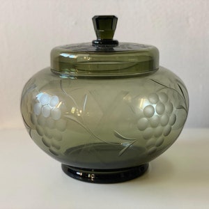 Può includere: Un barattolo di vetro verde scuro con un coperchio, che presenta un design inciso di uva e viti. Il barattolo ha un corpo arrotondato e una bocca larga.