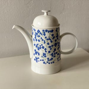 Può includere: Caffettiera in ceramica bianca con un motivo floreale blu. La caffettiera ha un coperchio e un manico.