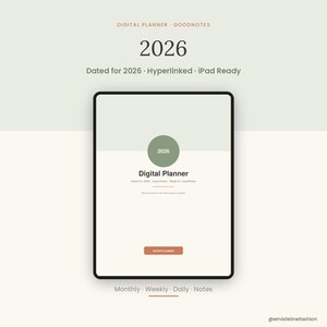 Könnte beinhalten: Ein digitaler Planer für 2026 auf einem Tablet-Bildschirm. Die Benutzeroberfläche zeigt einen salbeigrünen Kreis mit dem Text 2026, die Worte Digital Planner und eine Schaltfläche mit der Aufschrift ENTER PLANNER. Das Layout enthält Monthly, Weekly, Daily, Notes.