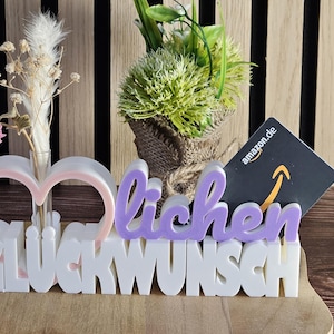 3D gedruckter "Herzlichen Glückwunsch" Schriftzug mit Gutscheinfach und Reagenzglas – Geschenkidee, Dekoration, personalisiert