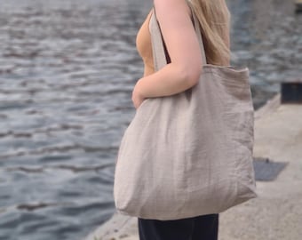 Grote draagtas natuurlijk linnen | Brede strandtas, herbruikbare boodschappentas, grote markttas