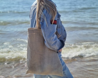 Natural Linen Tote Bag: Reusable Shoulder Bag for Shopping, Beach, Market