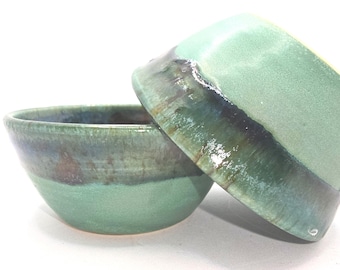 Handmade Ceramic Condiment Bowl/ Trinket Dish. Verdigris Green Glaze. White Stoneware Pottery