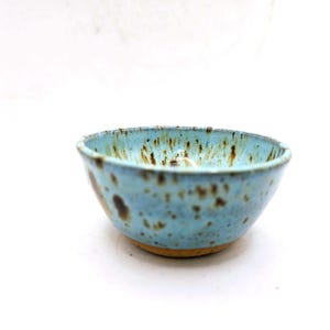 May include: A small, handmade ceramic bowl. It features a light blue glaze with brown speckles. The bowl has a rounded shape and a slightly textured surface. The base is a natural, unglazed colour.