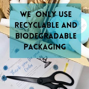 May include: An open cardboard box filled with recyclable and biodegradable packaging materials. The box contains blue tissue paper, white packing peanuts, and brown paper. Text on the box reads "WE ONLY USE RECYCLABLE AND BIODEGRADABLE PACKAGING."