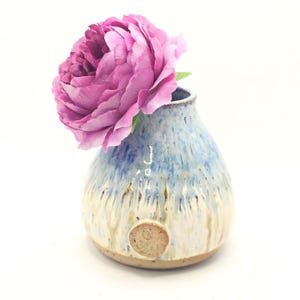 May include: A small, handmade ceramic vase with a blue and cream glaze, holding a large, pink peony. The vase has a rounded shape and a textured surface. The peony is a vibrant shade of pink.