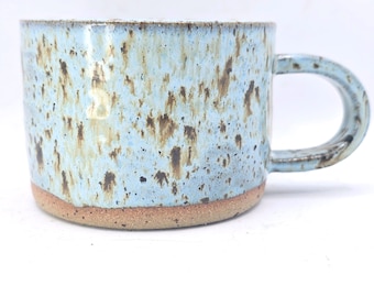 Handmade Stoneware Short 8oz Tea / Coffee Mug. Blue Speckled Glazed. Toasty Stoneware Pottery.