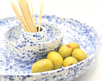 Handmade Ceramic Large Olive Dish / Bowl - Splatter Blue & Cream Glaze. Stoneware Pottery