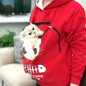 Cute Cat Pouch Pocket Hoodie - Casual Unisex Oversize Cat Kangaroo Pocket Hoodie Sweatershirt Pet Carry Jumper Pullover, Summer Gift, Carrie