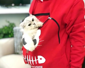 Cute Cat Pouch Pocket Hoodie - Casual Unisex Oversize Cat Kangaroo Pocket Hoodie Sweatershirt Pet Carry Jumper Pullover, Zomercadeau, Carrie