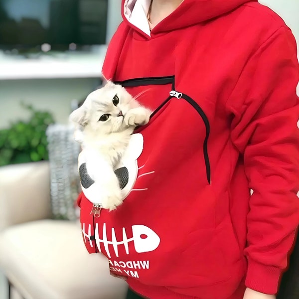 Cute Cat Pouch Pocket Hoodie - Casual Unisex Oversize Cat Kangaroo Pocket Hoodie Sweatershirt Pet Carry Jumper Pullover, Summer Gift, Carrie