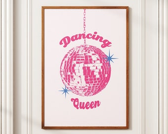 Disco Dancing Queen, Mirrorball Poster, Disco Ball Decor Groovy Poster, Bar Cart Art, Maximalist Dorm Decor Girly Wall Art, Indie Room Decor