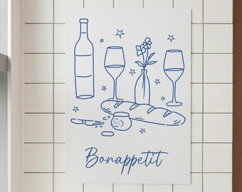 Bon Appetit Poster, Modern Food Wall Art, Kitchen Wall Poster, Wine Lover Print, Modern Dining room wall art, Hand Drawn Minimalist Food Art