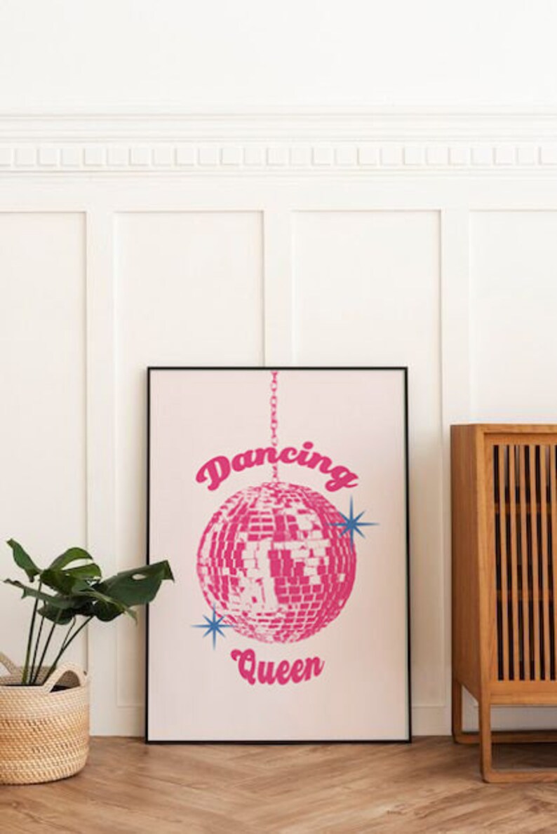 Disco Dancing Queen, Mirrorball Poster, Disco Ball Decor Groovy Poster, Bar Cart Art, Maximalist Dorm Decor Girly Wall Art, Indie Room Decor image 3