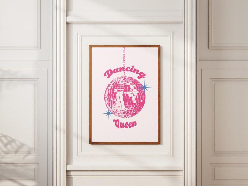 Disco Dancing Queen, Mirrorball Poster, Disco Ball Decor Groovy Poster, Bar Cart Art, Maximalist Dorm Decor Girly Wall Art, Indie Room Decor image 1